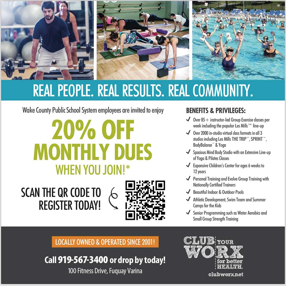 ClubWorx - Wake County Public School System employees are invited to enjoy
20% OFF
MONTHLY DUES
WHEN YOU JOINI*<br>SCAN THE OR CODE TO REGISTER TODAY!<br>REAL PEOPLE. REAL RESULTS. REAL COMMUNITY.<br>BENEFITS & PRIVILEGES:
Over 85 + instructor-led Group Exercise classes per week induding the popular Les Mills*' line-up
Over 2000 in-studio virtual class formats in all 3 studios including Les Mills THE TRIP